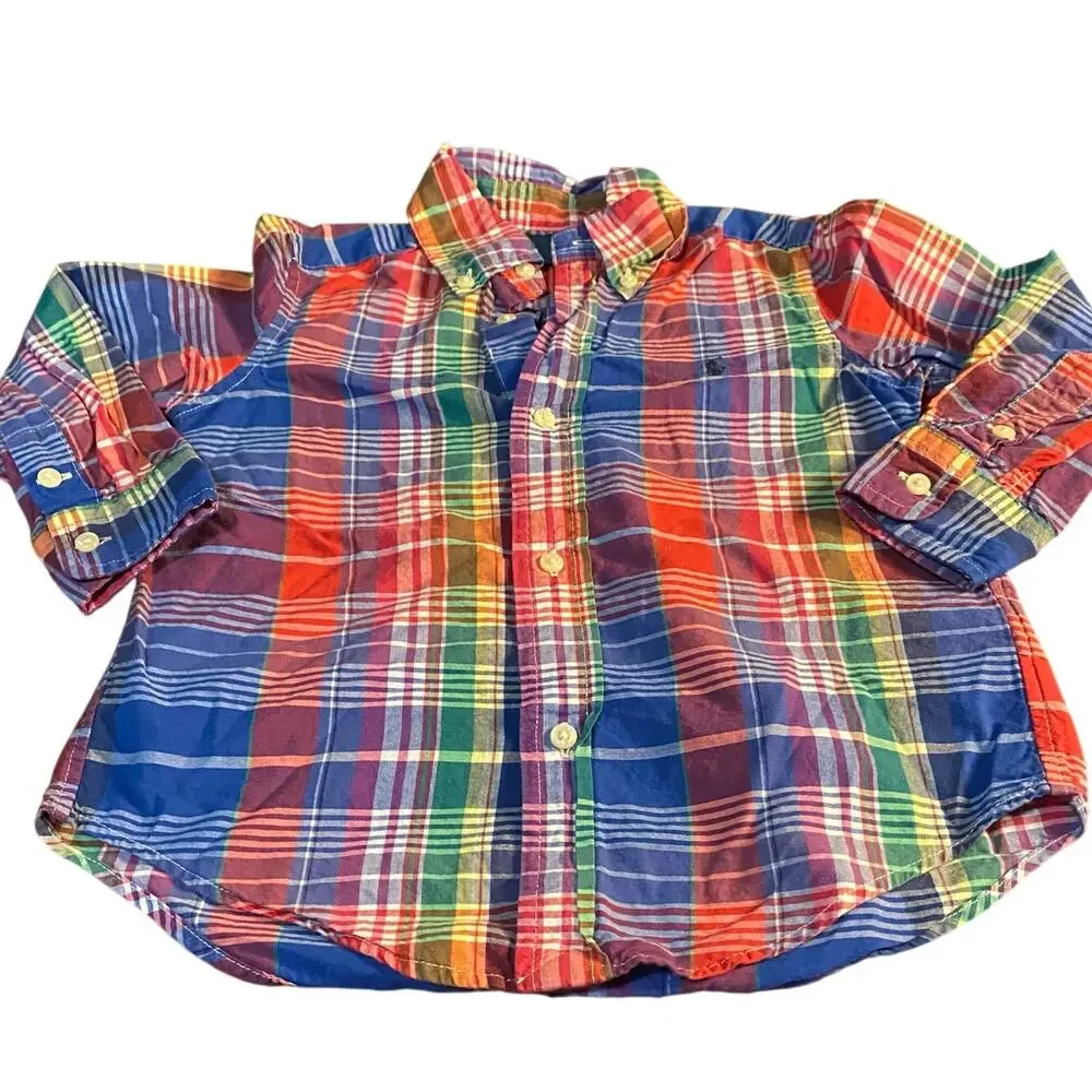 Ralph Lauren red blue plaid long sleeve button‎ up boys shirt SIZE 3T